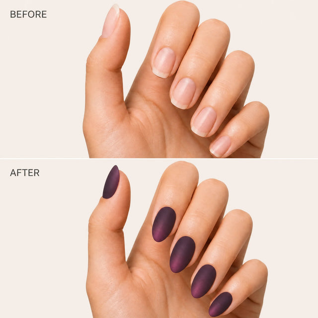 Matte Press-On Nails, Almond Medium — Before / After (fond crème)