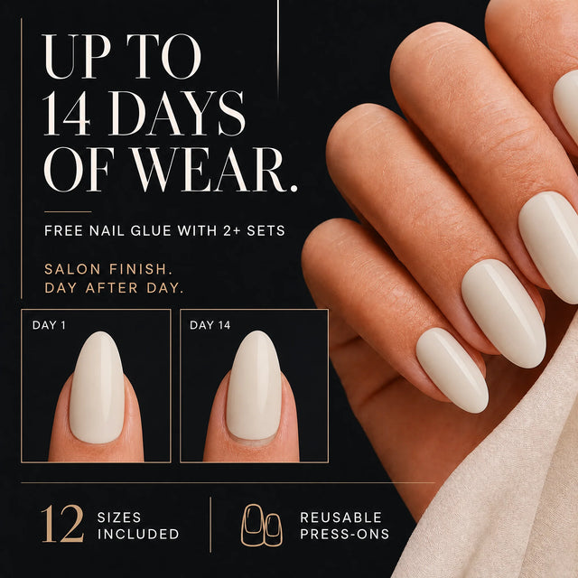 Milk Glaze Press-On Nails, Medium Almond — 14 days of wear (infographie sombre)