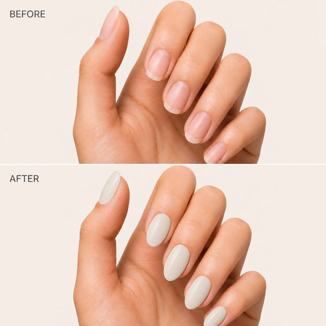 Milk Glaze Press-On Nails, Medium Almond — Before / After (fond crème)
