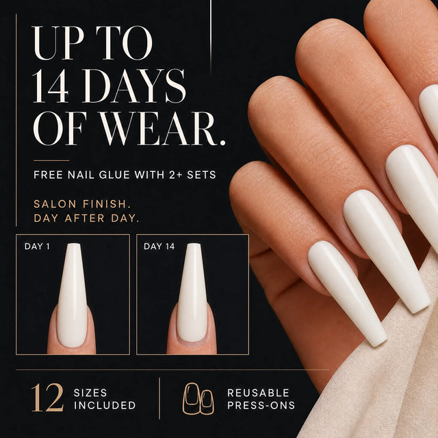 Milk Glaze Press-On Nails, Long Coffin — 14 days of wear (infographie sombre)