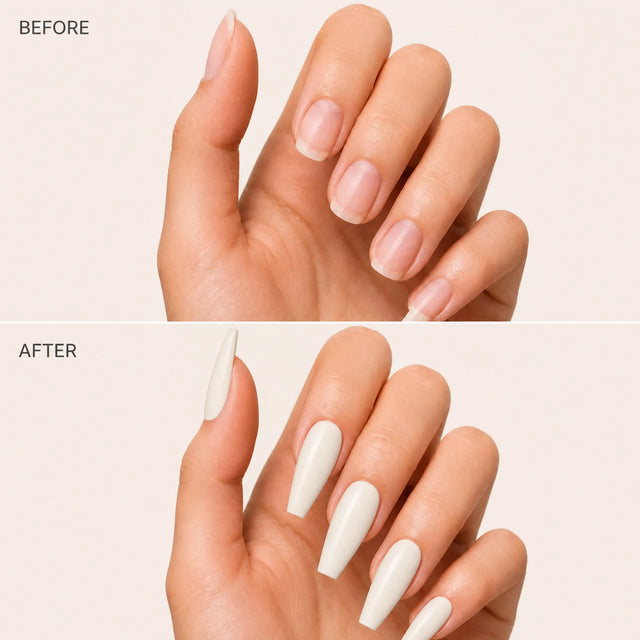 Milk Glaze Press-On Nails, Long Coffin — Before / After (fond crème)