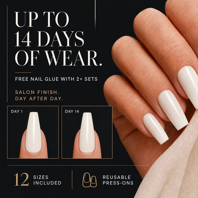 Milk Glaze Press-On Nails, Medium Coffin — 14 days of wear (infographie sombre)