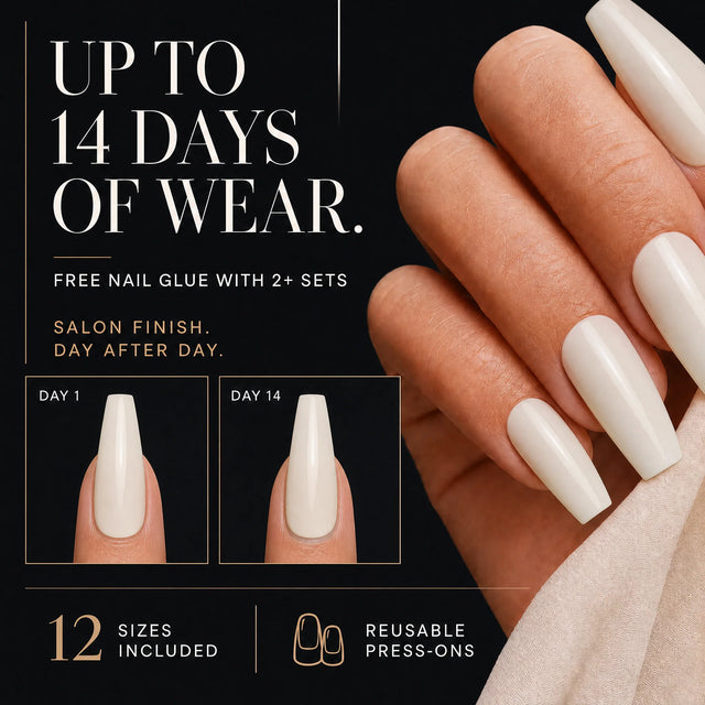 Milk Glaze Press-On Nails, Medium Coffin — 14 days of wear (infographie sombre)