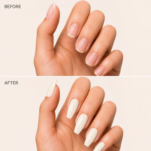 Milk Glaze Press-On Nails, Medium Coffin — Before / After (fond crème)