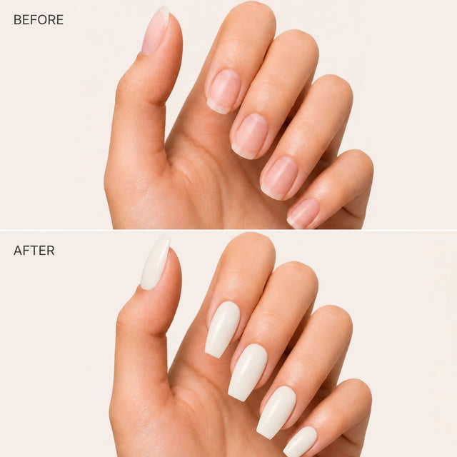 Milk Glaze Press-On Nails, Medium Coffin — Before / After (fond crème)