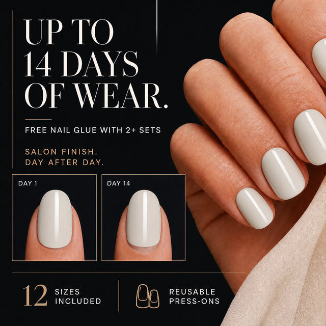 Milk Glaze Press-On Nails, Short Oval — 14 days of wear (infographie sombre)