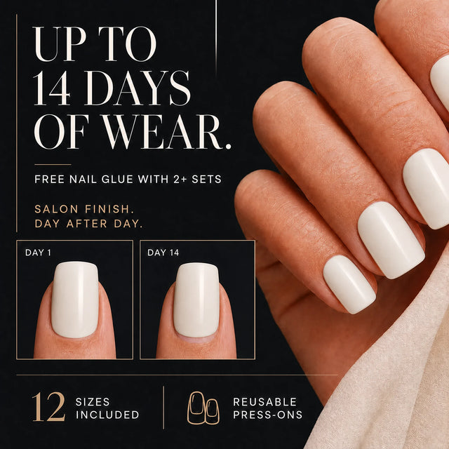 Milk Glaze Press-On Nails, Short Square — 14 days of wear (infographie sombre)