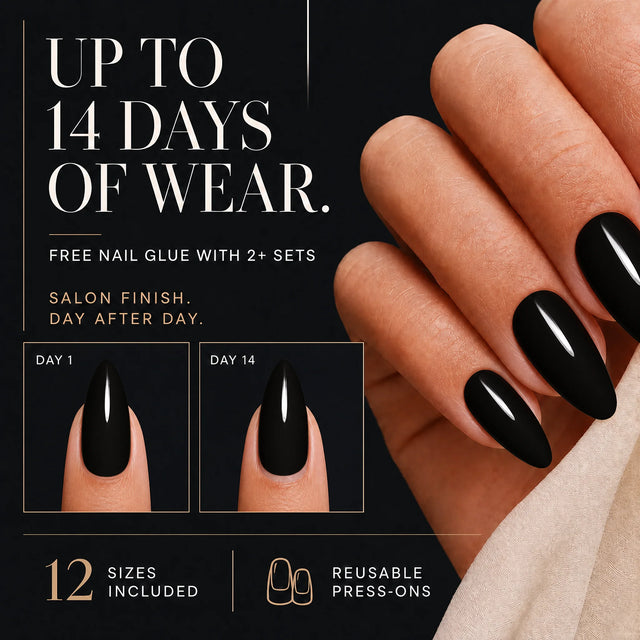 Noir Press-On Nails, Medium Almond — 14 days of wear (infographie sombre)