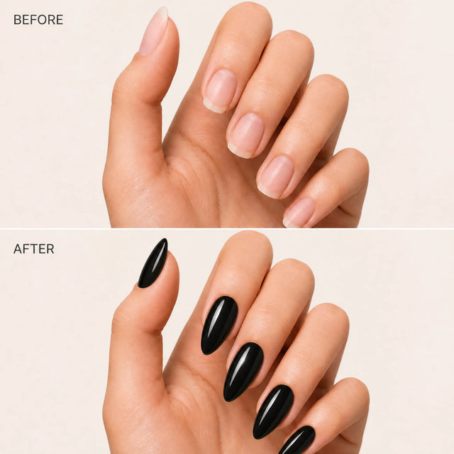 Noir Press-On Nails, Medium Almond — Before / After (fond crème)