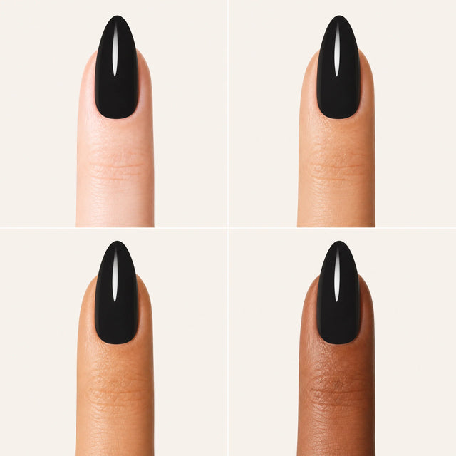 Noir Press-On Nails, Medium Almond — Grille 4 doigts (4 carnations, crème)