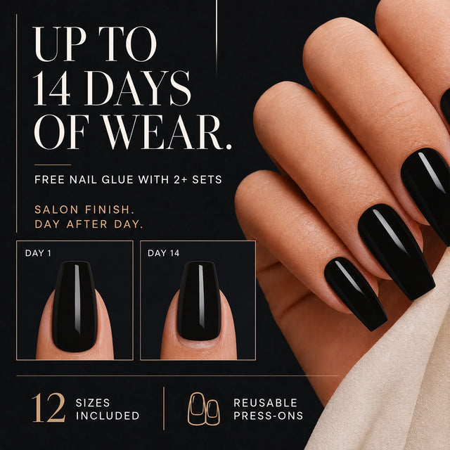 Noir Press-On Nails, Medium Coffin — 14 days of wear (infographie sombre)