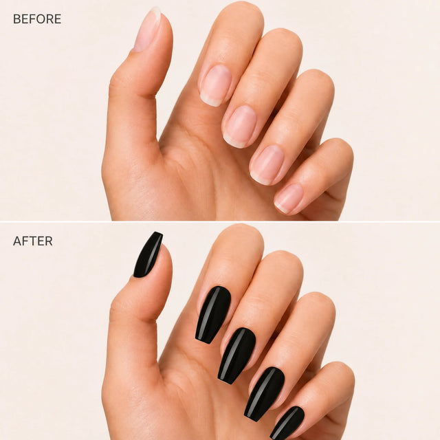 Noir Press-On Nails, Medium Coffin — Before / After (fond crème)