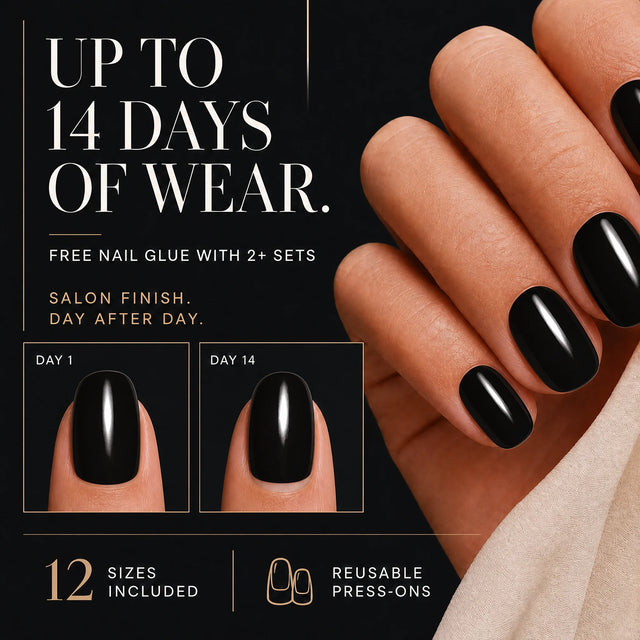 Noir Press-On Nails, Short Oval — 14 days of wear (infographie sombre)