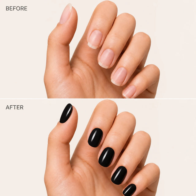 Noir Press-On Nails, Short Oval — Before / After (fond crème)