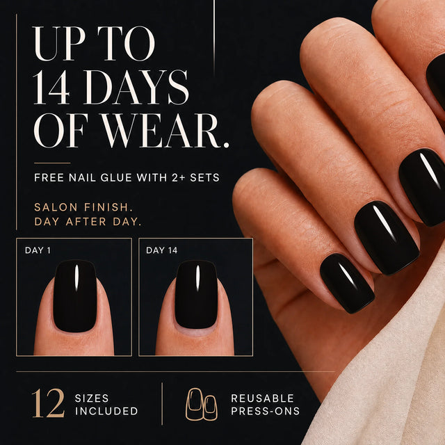 Noir Press-On Nails, Short Square — 14 days of wear (infographie sombre)