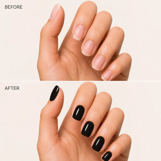 Noir Press-On Nails, Short Square — Before / After (fond crème)
