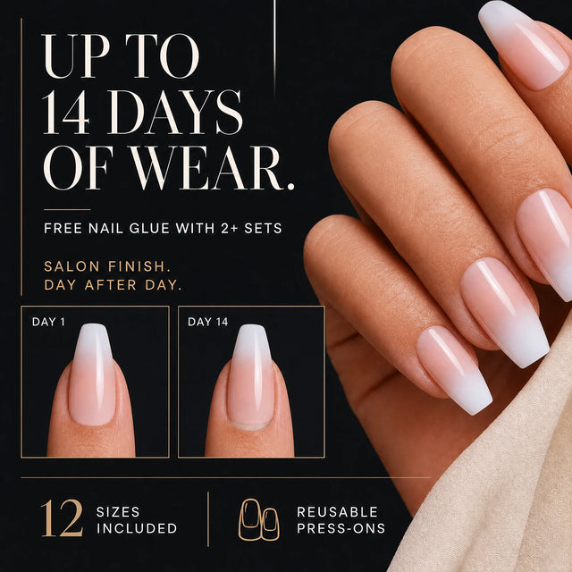 Ombre Ballerina Press-On Nails, Coffin Medium — 14 days of wear (infographie sombre)