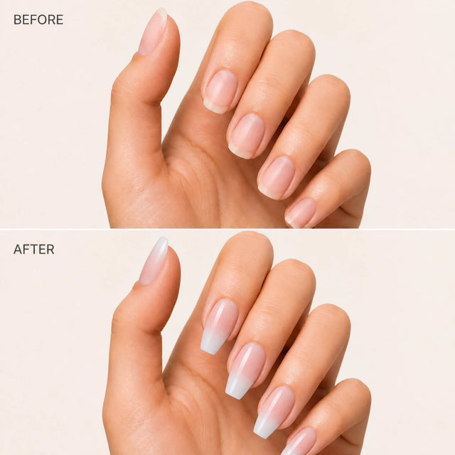 Ombre Ballerina Press-On Nails, Coffin Medium — Before / After (fond crème)
