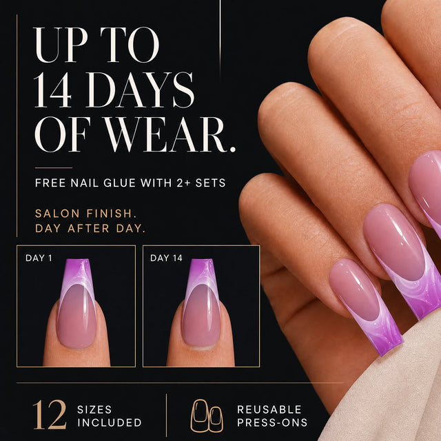 Orchid Ombre Press-On Nails, Coffin Long — 14 days of wear (infographie sombre)