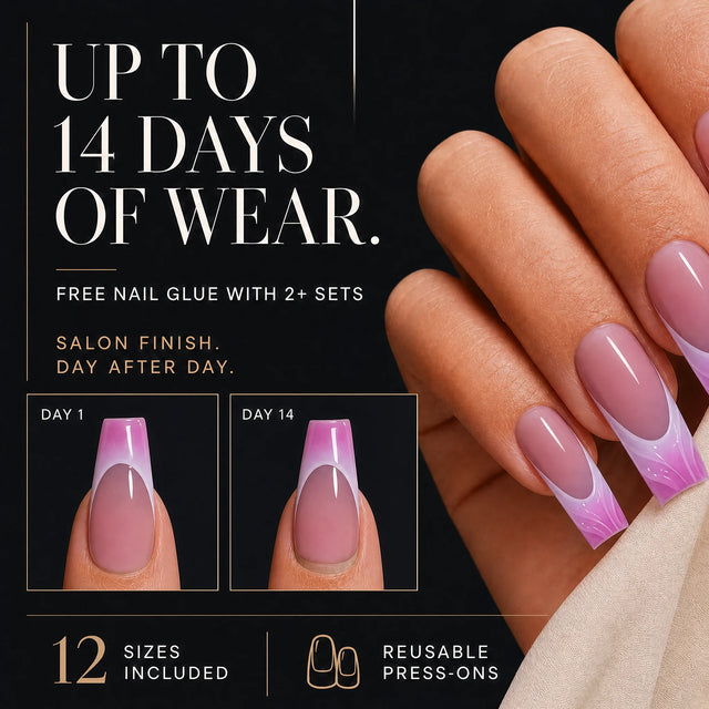 Orchid Ombre Press-On Nails, Coffin Long — 14 days of wear (infographie sombre)