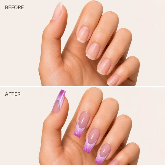 Orchid Ombre Press-On Nails, Coffin Long — Before / After (fond crème)
