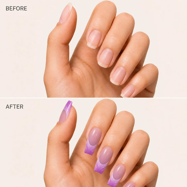 Orchid Ombre Press-On Nails, Coffin Long — Before / After (fond crème)