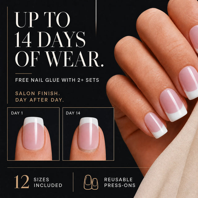 Rose French Press-On Nails, Square Short — 14 days of wear (infographie sombre)