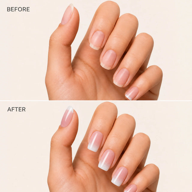 Rose French Press-On Nails, Square Short — Before / After (fond crème)