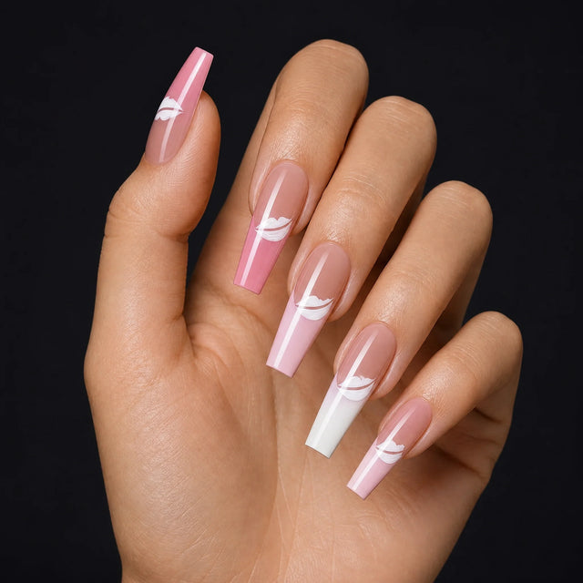 Rose Glitter French Press-On Nails, Coffin Long — Hero — une main, fond noir