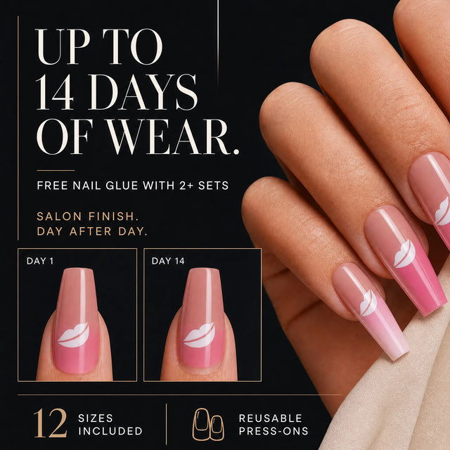 Rose Glitter French Press-On Nails, Coffin Long — 14 days of wear (infographie sombre)