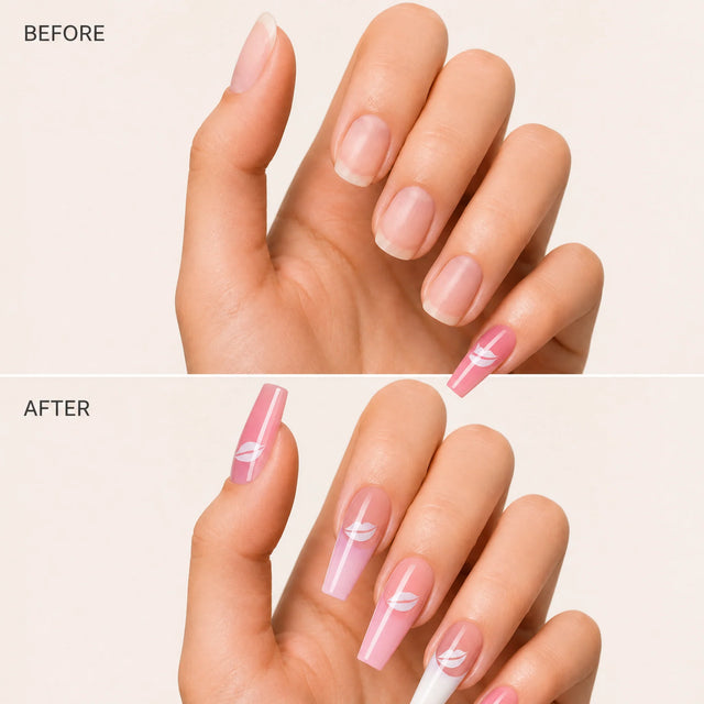 Rose Glitter French Press-On Nails, Coffin Long — Before / After (fond crème)