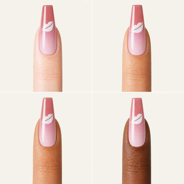 Rose Glitter French Press-On Nails, Coffin Long — Grille 4 doigts (4 carnations, crème)