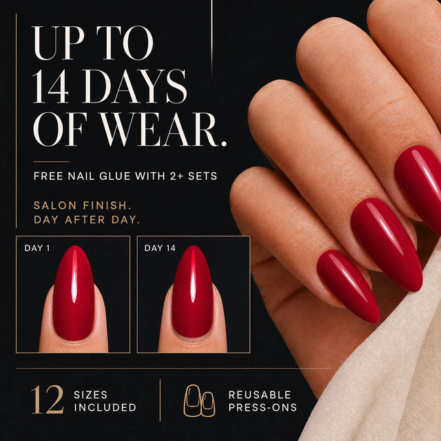 Rouge Press-On Nails, Medium Almond — 14 days of wear (infographie sombre)