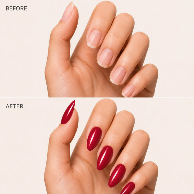 Rouge Press-On Nails, Medium Almond — Before / After (fond crème)