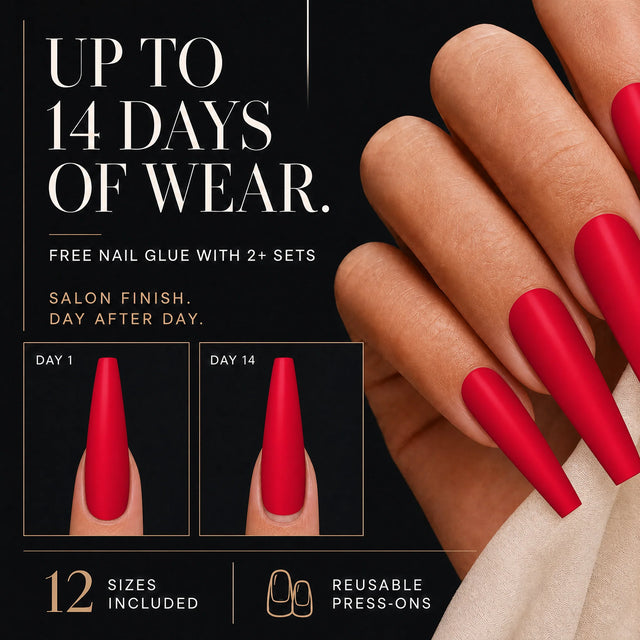 Rouge Press-On Nails, Long Coffin — 14 days of wear (infographie sombre)