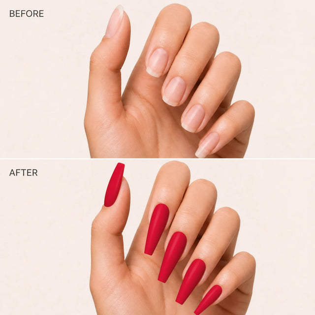 Rouge Press-On Nails, Long Coffin — Before / After (fond crème)