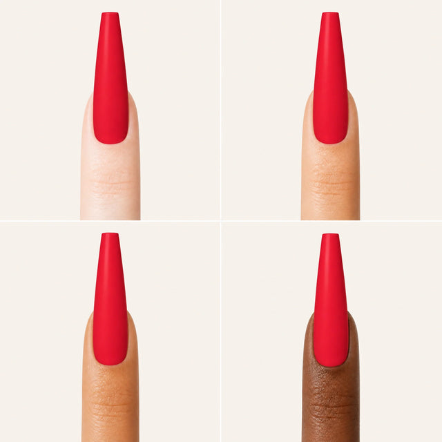 Rouge Press-On Nails, Long Coffin — Grille 4 doigts (4 carnations, crème)