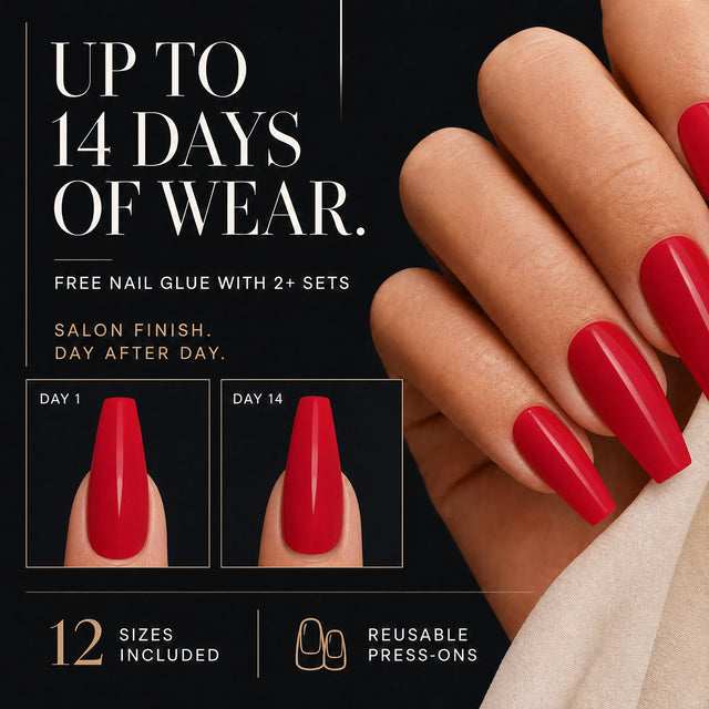 Rouge Press-On Nails, Medium Coffin — 14 days of wear (infographie sombre)