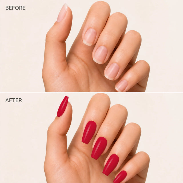 Rouge Press-On Nails, Medium Coffin — Before / After (fond crème)
