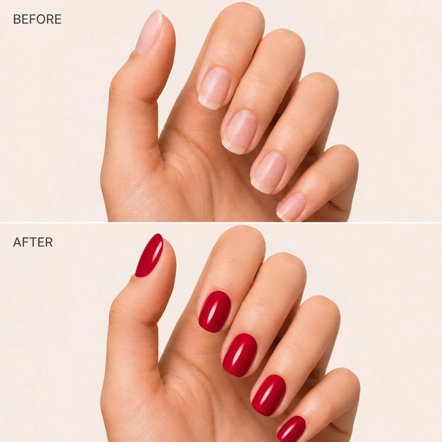 Rouge Press-On Nails, Short Oval — Before / After (fond crème)