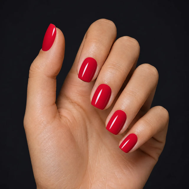 Rouge Press-On Nails, Short Square — Hero — une main, fond noir
