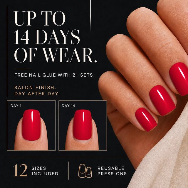 Rouge Press-On Nails, Short Square — 14 days of wear (infographie sombre)
