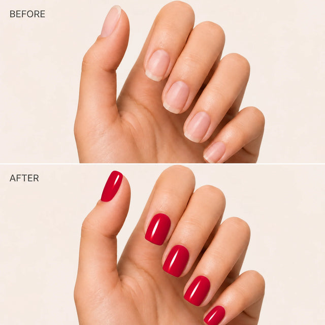 Rouge Press-On Nails, Short Square — Before / After (fond crème)