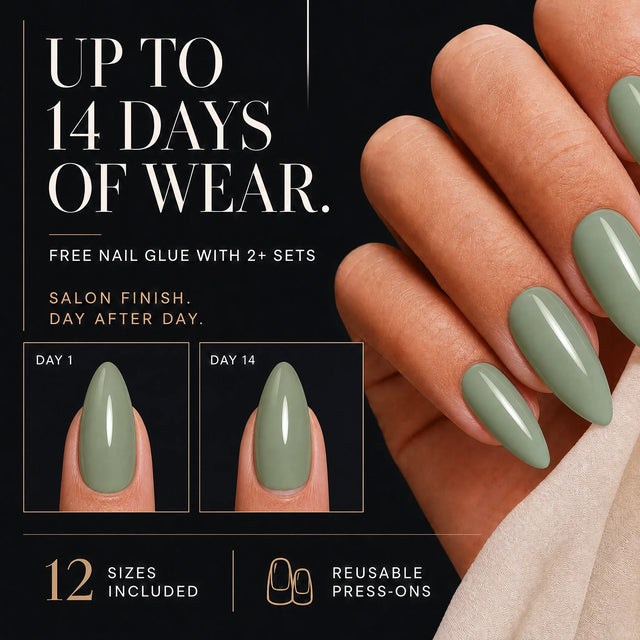 Sage Press-On Nails, Medium Almond — 14 days of wear (infographie sombre)