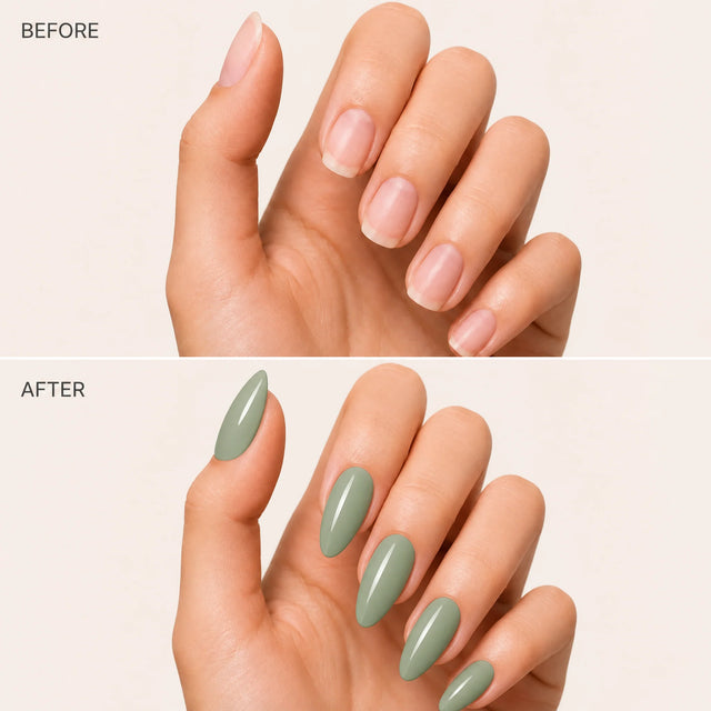 Sage Press-On Nails, Medium Almond — Before / After (fond crème)