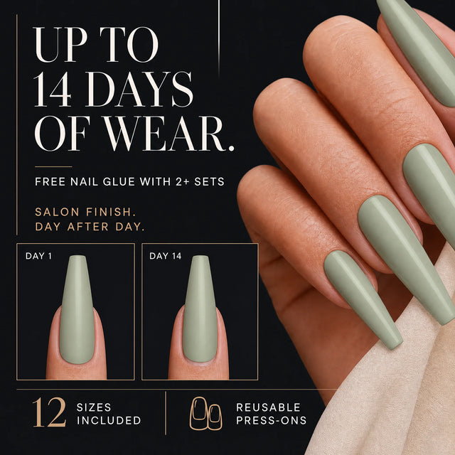 Sage Press-On Nails, Long Coffin — 14 days of wear (infographie sombre)