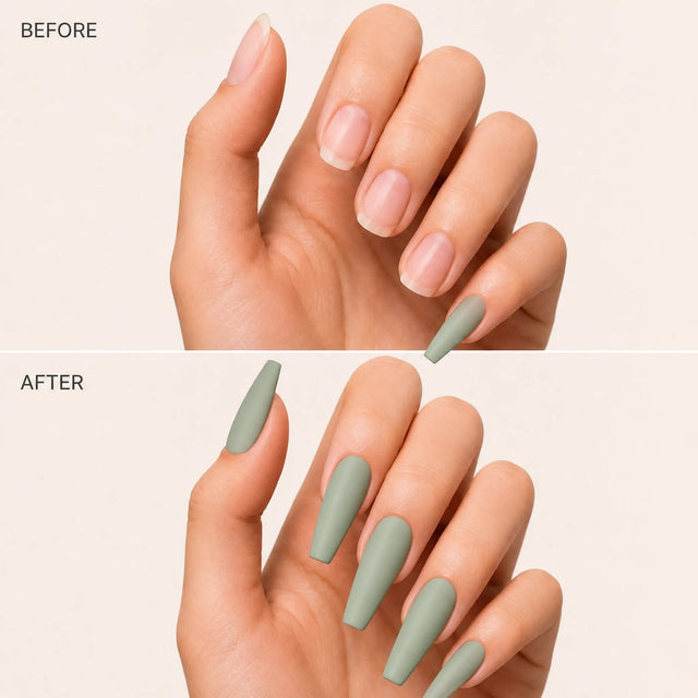 Sage Press-On Nails, Long Coffin — Before / After (fond crème)