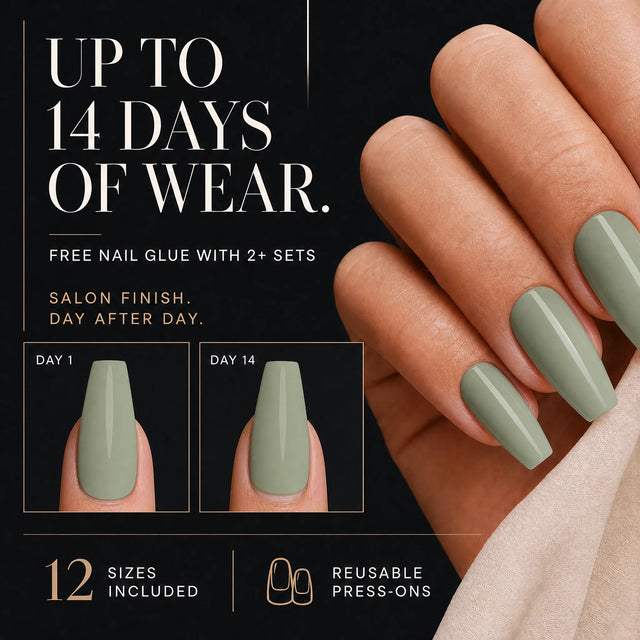 Sage Press-On Nails, Medium Coffin — 14 days of wear (infographie sombre)