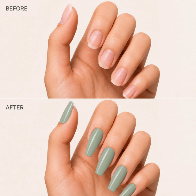 Sage Press-On Nails, Medium Coffin — Before / After (fond crème)
