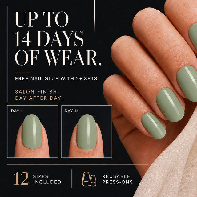 Sage Press-On Nails, Short Oval — 14 days of wear (infographie sombre)